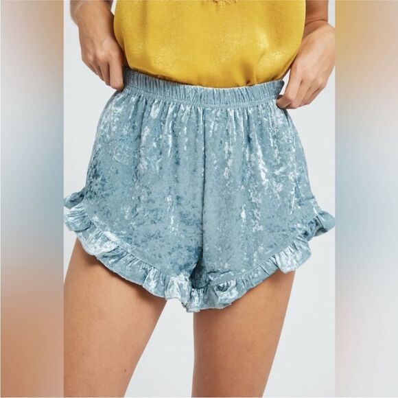 Listicle High Waist Velvet Ruffle Shorts in Light Blue - Picture 1 of 4